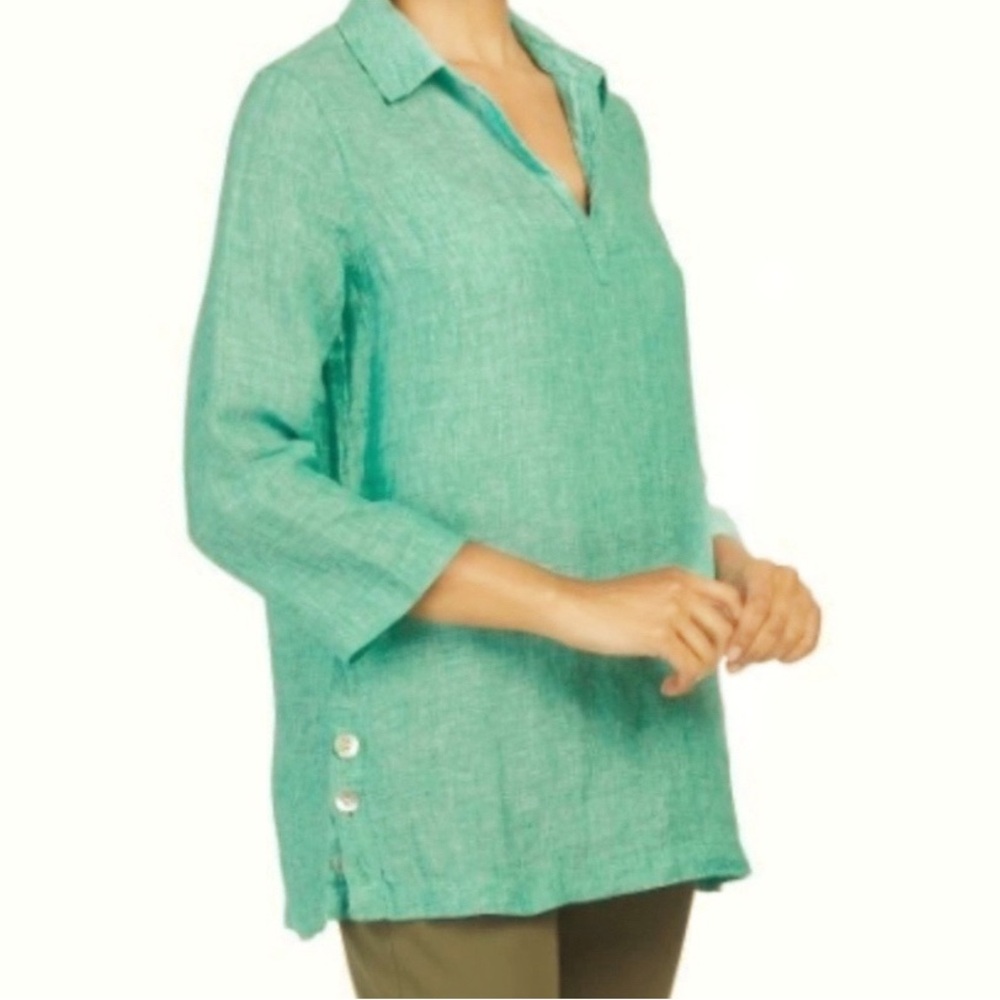 TAHARI 100% Linen Plus Top Women's Mother of Pearl Button Sides Size 2X In Green